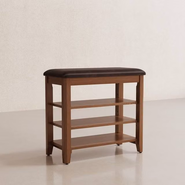 YQJJGL 3-Tier Solid Wood Shoe Bench with Synthetic Leather Cushioned Seat in Brown, W: 60 cm, D: 36 cm, H: 65 cm