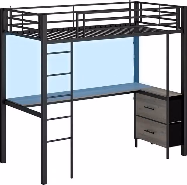 HOMCOM Metal High Sleeper Bed with Desk, LED Under-Bed Lighting and Safety Guardrail, Black, W/D/H: 200 x 120 x 175 cm