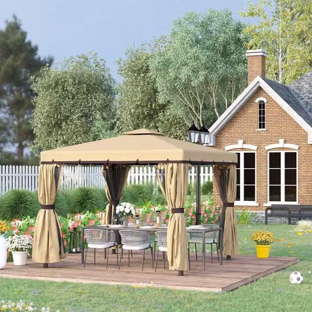 Outsunny Beige Patio Gazebo Garden Pavilion Tent W: 300 cm, D: 300 cm, H: 265 cm
