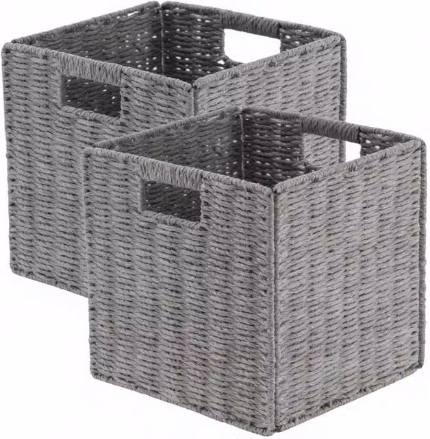 Kelvenix Set of 2 Foldable Grey Rattan Open Weave Storage Baskets with Handles