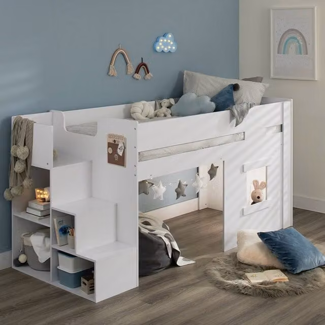 Flair Marlowe Mid Sleeper Bed with Steps, Side Compartments and Bedside Shelf in White
