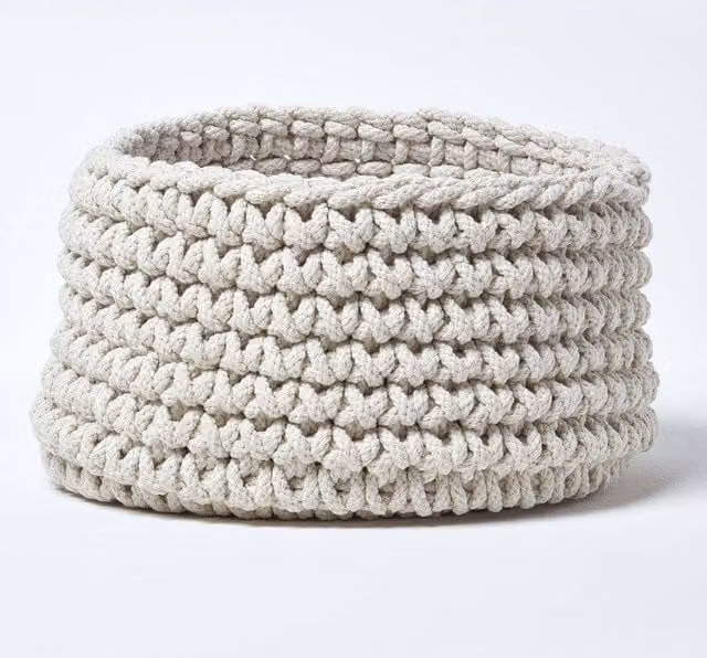 Homescapes Cotton Knitted Round Storage Basket in Green or Beige, W: 37 cm, H: 21 cm