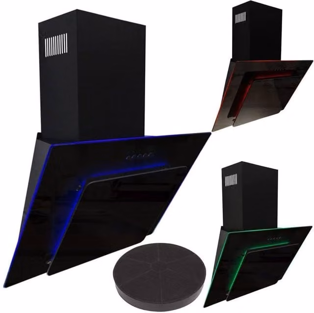 SIA Black Angled LED Lit Cooker Hood Extractor Fan with Activated Carbon Filter, 60 cm