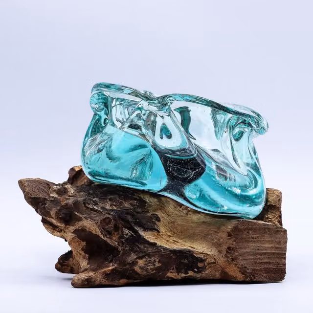 KDMK Turquoise Molten Glass and Wood Ashtray Candle Holder, Indonesian Craft