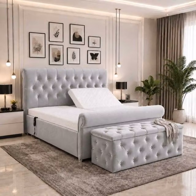 K Mehmood Enterprise Ltd Harmony Adjustable Motorised Mobility Bed with Foam Mattress and Upholstered Headboard in Grey and Silver
