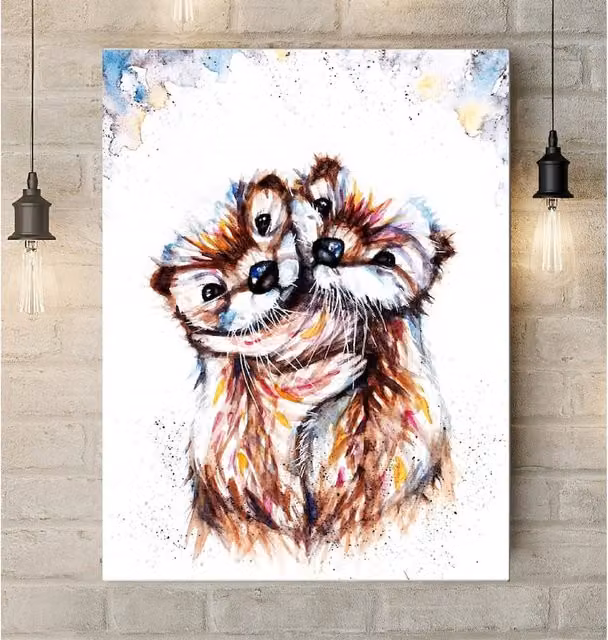 BebesArts Loving Otters Canvas Wall Painting in Brown and Multicolour, W: 30.48 cm, H: 20.32 cm, D: 30.48 cm