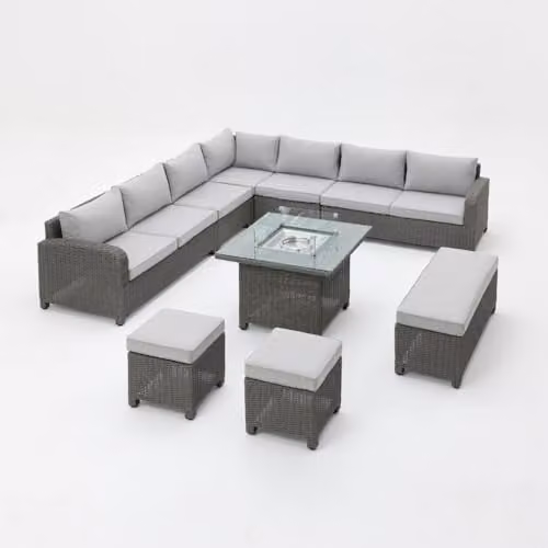 Home Detail Hadley 7 Seater L-Shape Corner Rattan Garden Sofa Set in Grey with Fire Pit Table and Matching Ottoman