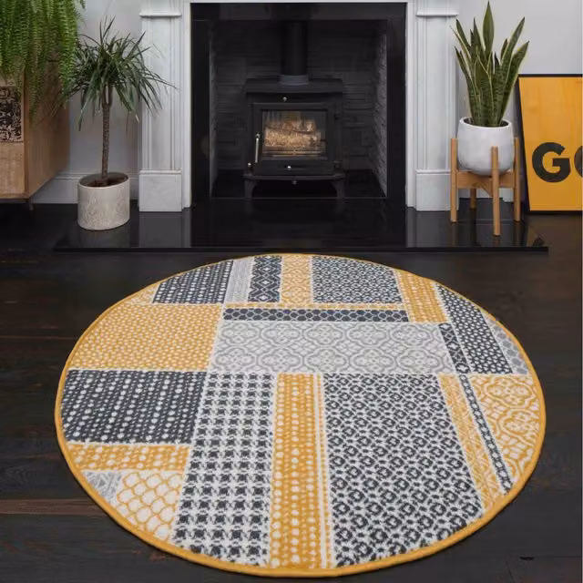 The Rug House Floral Patchwork Boho Living Room Rug, Yellow and Multicolour, W: 160 cm, D: 160 cm