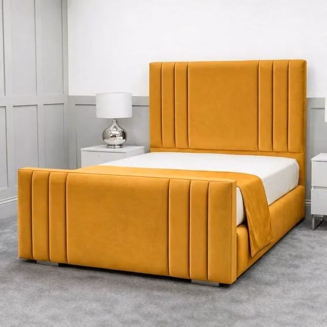 Living Comfort Bedz Canberra Double Plush Velvet Upholstered Bed with Slatted Base and 48 Inch Headboard in Mustard Yellow