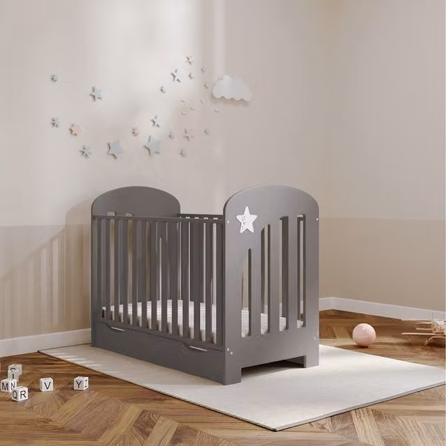 Viculii Modern Grey Baby Cot with Drop Side and Drawers