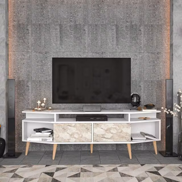 Decorotika Denis Modern White Marble Effect and White TV Unit for TVs up to 81"