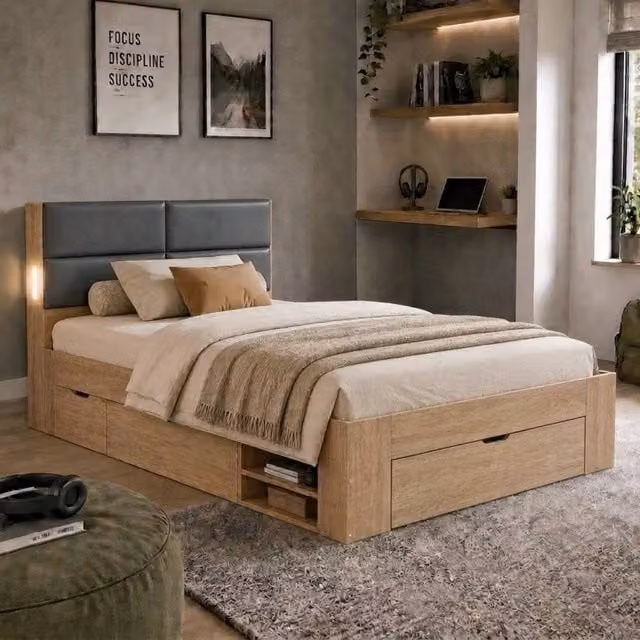 Merax Single Storage Bed with Drawers and LED Lighting in Brown, W/D/H: 90 x 190 cm
