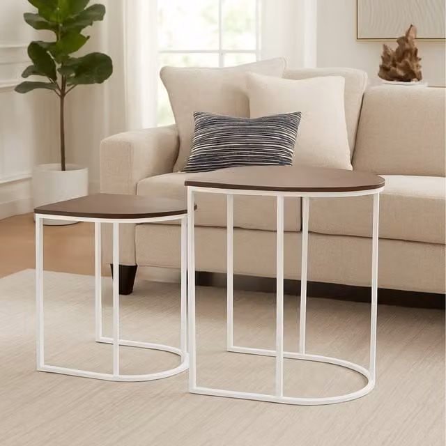 Gr8 Home Nest of 2 Round Coffee and Side Tables in White and Brown Woodgrain Finish