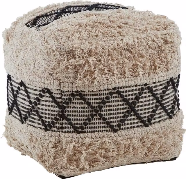 Orsina Cefena Geometric Shaggy Cotton Pouffe in Black, White and Beige