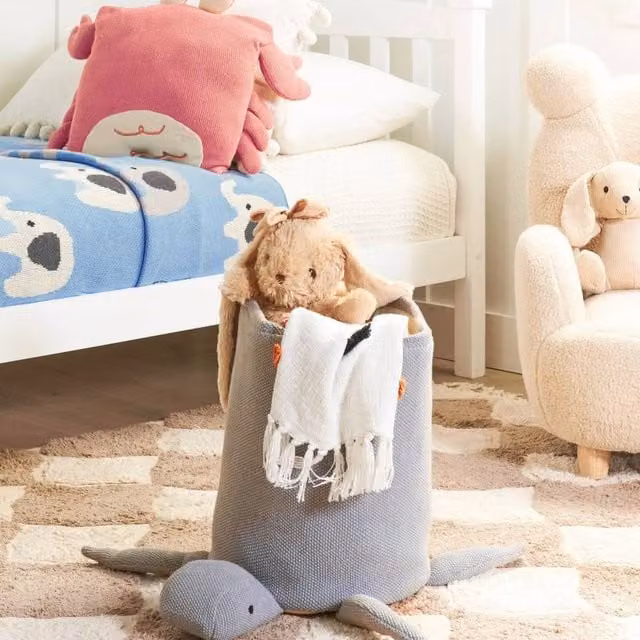 Wyld and Coco Grey Cotton Turtle Knit Open Weave Toy Storage Basket for Children W/D/H: 40 x 35 cm