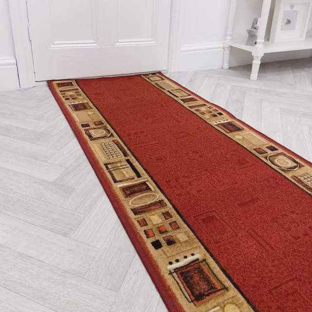 runrug Jena Red Non-Slip Hardwearing Hallway Runner Rug, W: 100 cm, L: 330 cm