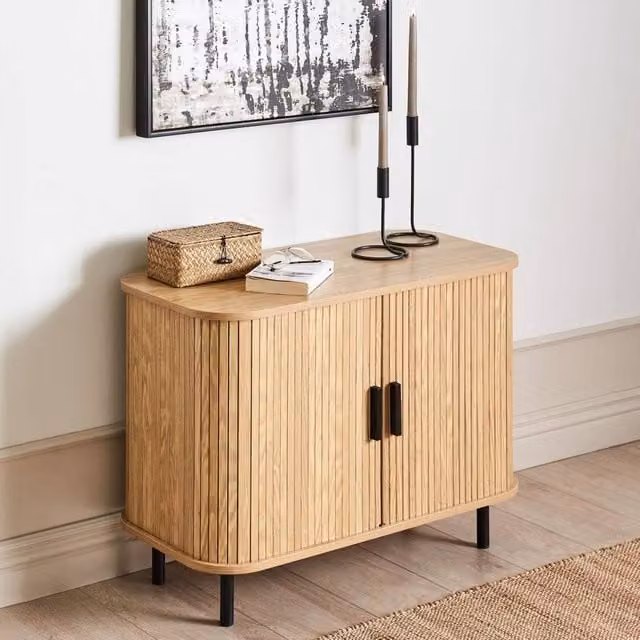 Wyld and Coco Retro Sideboard with Sliding Doors, Light Brown Finish and Black Legs, W/D/H: 120 x 40 x 80 cm