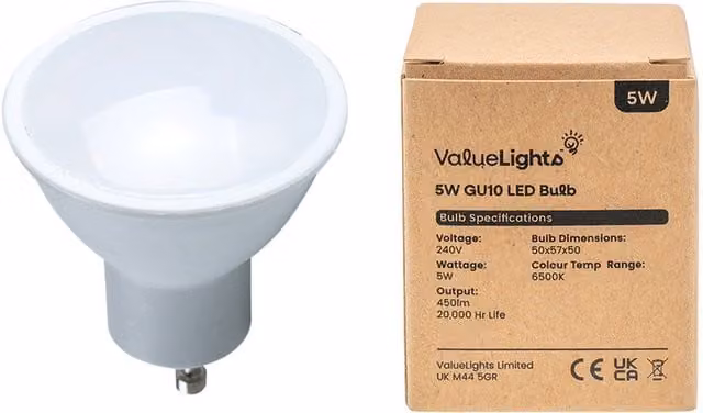 ValueLights 20 Pack GU10 Plastic LED Light Bulbs, 5W, 6500K Cool White