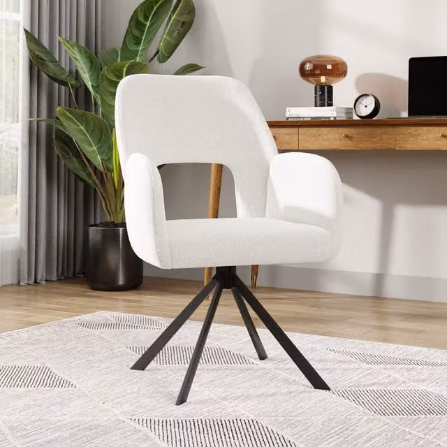 Komore Modern White Fabric Swivel Chair with Metal Legs