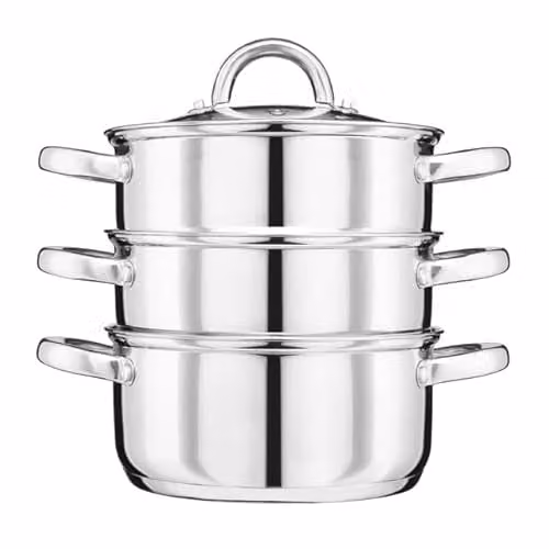 Cooks Professional 3 Tier Stainless Steel Steamer Pan in Silver with Glass Lid, Diameter: 16 cm