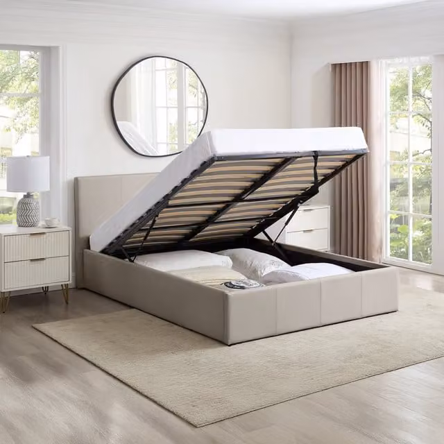 Direct Furniture Suppliers Luna Double Ottoman Bed in Beige Faux Leather with Gas Lift Storage, H: 88.5 cm x W: 153 cm x L: 203 cm