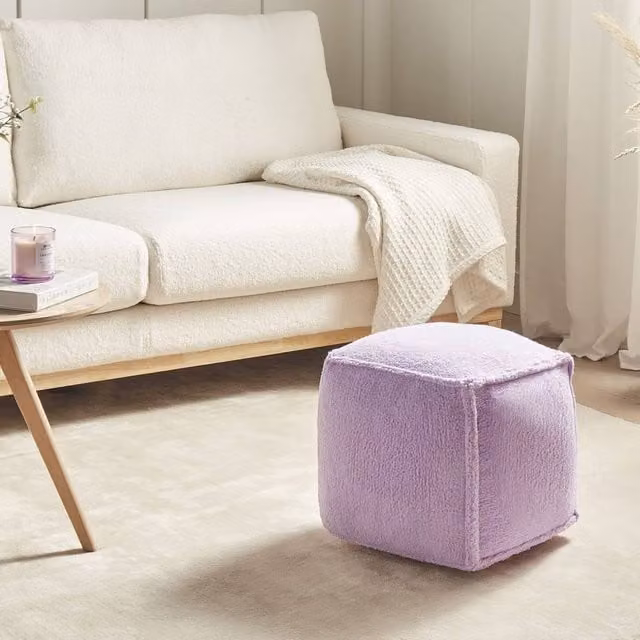 Wyld and Coco Purple Bouclé Cube Pouffe, W/D/H: 40 x 40 x 40 cm
