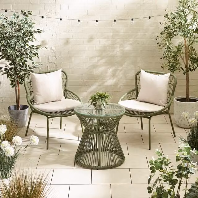 FurnitureboxUK Zuma Green 2 Seat Garden Bistro Table Set with Metal Rattan and Glass Top