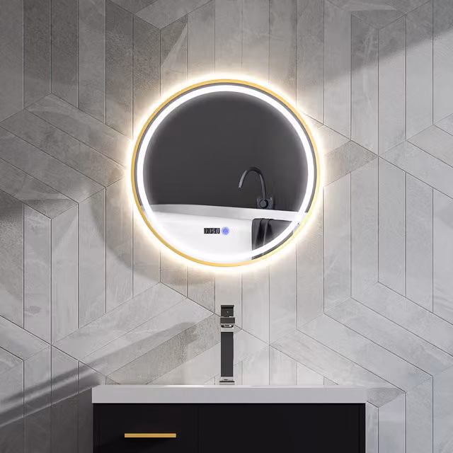 HOMCOM Round LED Bathroom Mirror with Demister Pad and Touch Switch in Gold Tone, Diameter: 60 cm