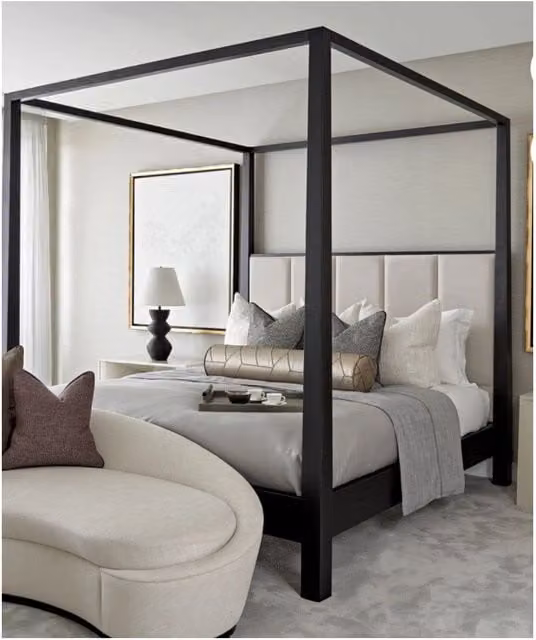 HOB Furniture Washington 4 Poster Bed in Upholstered Velvet, Cream, Size: 180 x 200 cm