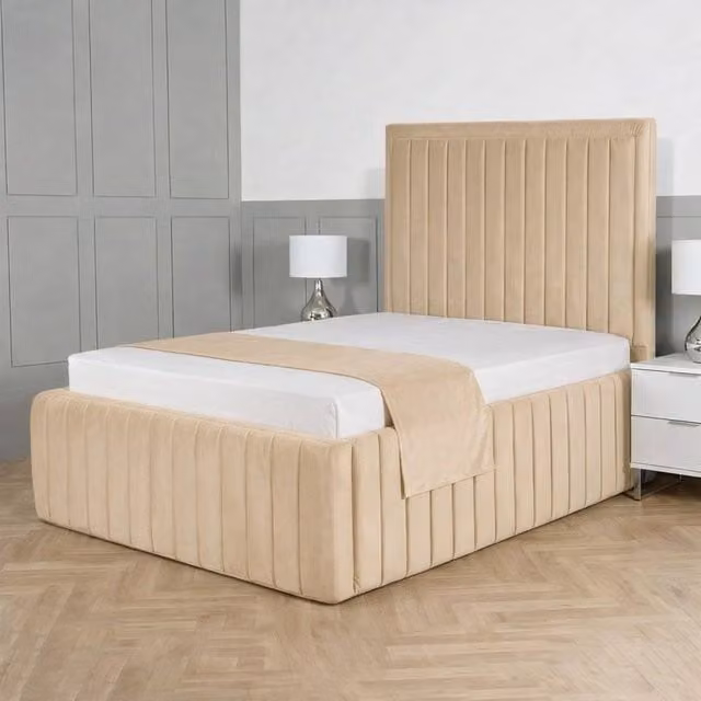 Living Comfort Bedz Saint Germain Plush Upholstered Single Bed with Slatted Base and 48 Inch Headboard in Beige