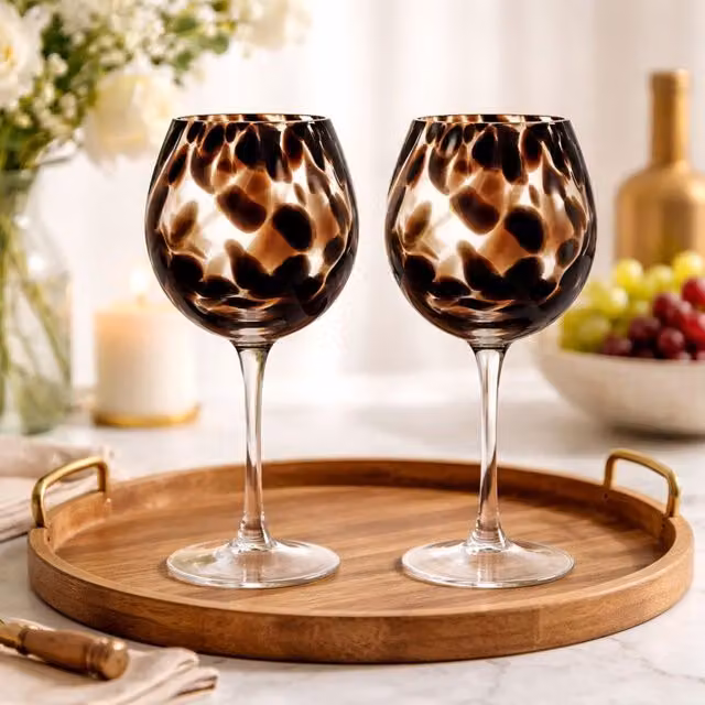 Hestia Set of 2 Dark Brown and Black Tortoise Shell Wine Glasses