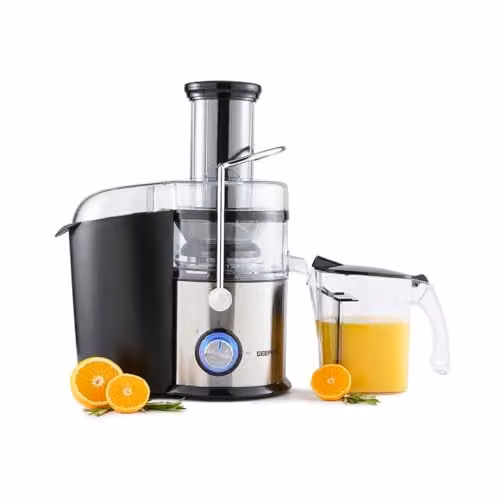 Geepas 800W Centrifugal Juice Extractor in Silver and Black with Stainless Steel Body, 75mm Wide Mouth, 2 Speed and Pulse Functions