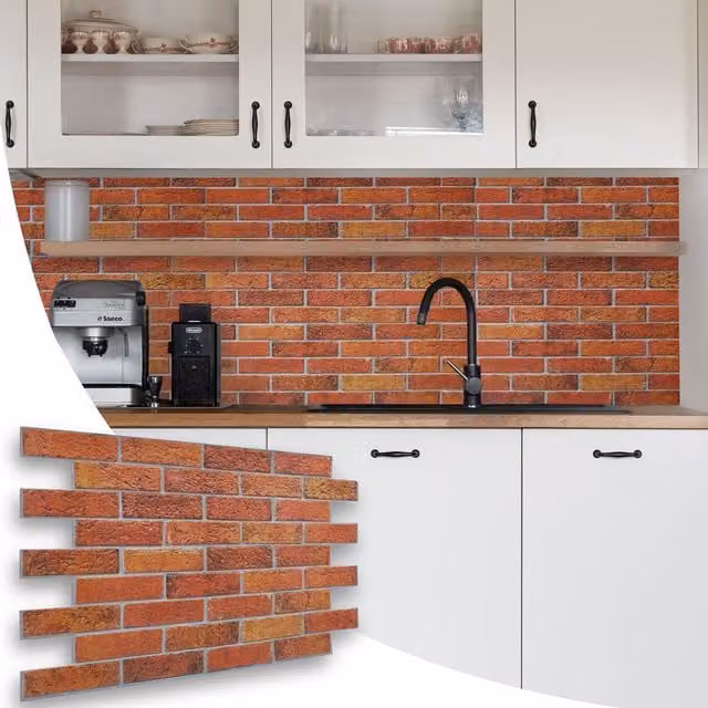 NOVECRAFTO Red Brick Effect 3D PVC Wall Panels, Pack of 10, W: 96 cm, H: 48 cm
