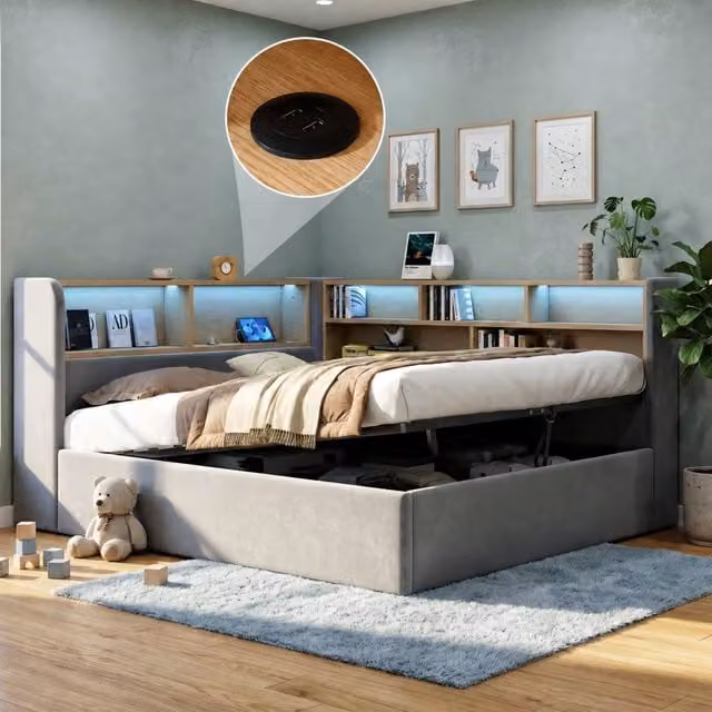 ModernLuxe Grey Velvet Double L-shaped Ottoman Daybed with LED Storage Headboard and Integrated Reading Light, W/D/H: 140 x 200 cm