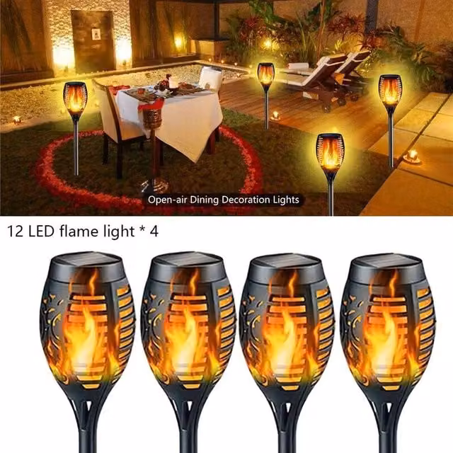 FLAVORA Set of 4 Solar Flame Effect Outdoor Stake Lights in Black for Garden and Path