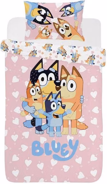 Bluey I Love U Reversible Single Duvet Cover and Pillowcase Set in Pink and Multicolour Cotton, W/D/H: 90 x 200 cm