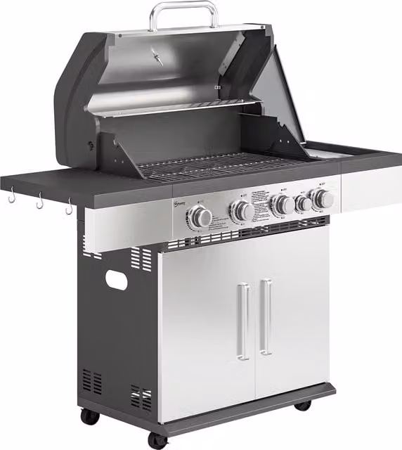 Outsunny 4+1 Burner Gas BBQ Grill with Side Burner, Warming Rack, Side Shelf, Storage Cabinet and Wheels