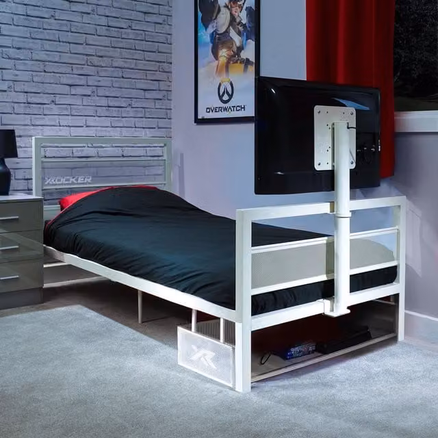 X Rocker Basecamp TV Bed with Rotating TV Mount and Lift Up Storage in White, W/D/H: 90 x 200 cm