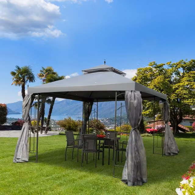 Outsunny Grey Garden Gazebo with Double Top and Curtains, W/D: 300 x 300 cm