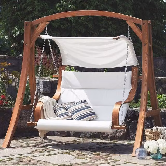 Wyld Haus Everwood 2-Seater Garden Swing with Sun Canopy in Larch Wood and White and Brown Fabric