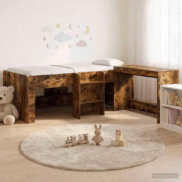 Berkfield Home Kids High Bed Frame with Desk in Smoked Oak Brown Engineered Wood