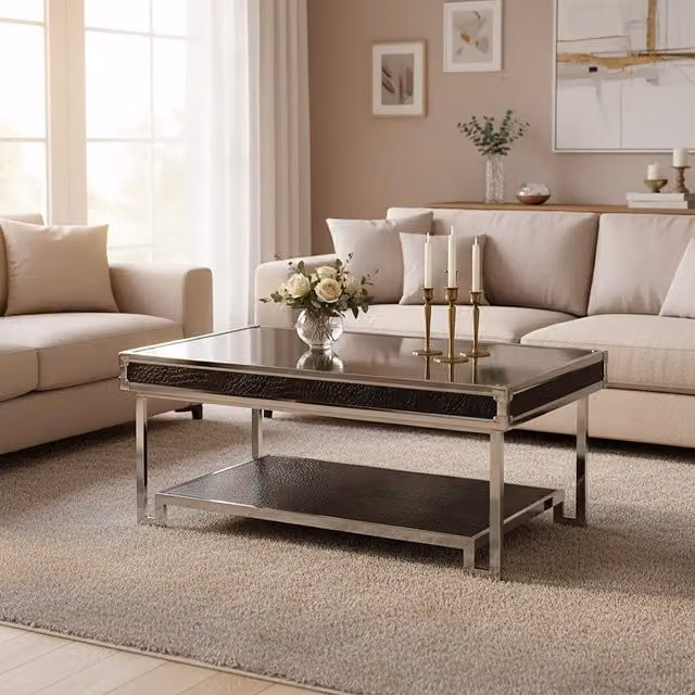 Premier Housewares Rectangular Mirror Coffee Table with Silver Crocodile Effect Detail and Black Metal Legs