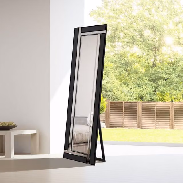 MirrorOutlet Aston Black All Glass Cheval Mirror, Black, H 150 cm x W 40 cm