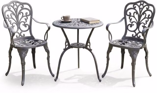 Bangui Bistro Set with 2 Chairs in Grey and Black Powder Coated Aluminium