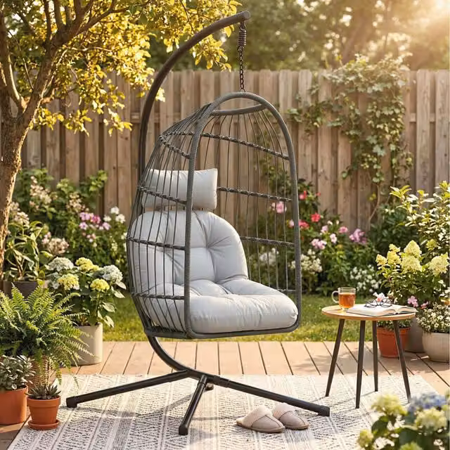 Outsunny Modern Black Polyrattan Outdoor Hanging Egg Chair with Stand, Safety Strap and Cushions