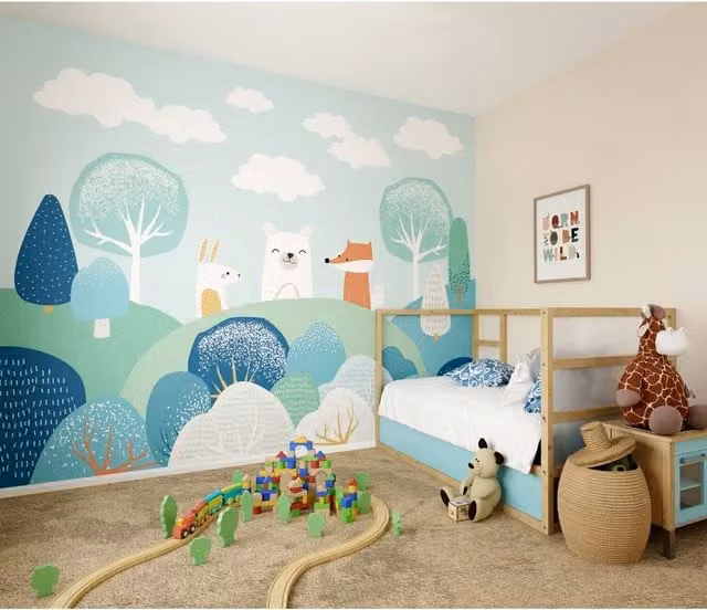 Origin Murals Blue Scandinavian Woodland Animals Paper Wall Mural for Children