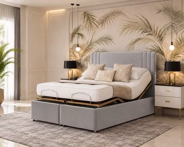 Inspire Adjustable Motorised Mobility Bed with Mattress and Upholstered Headboard and Footboard in Silver/Grey