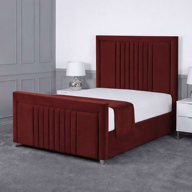 Living Comfort Bedz Celeste Plush Velvet Upholstered Bed with Slatted Base and 48 Inch Headboard in Maroon Red, Single Size