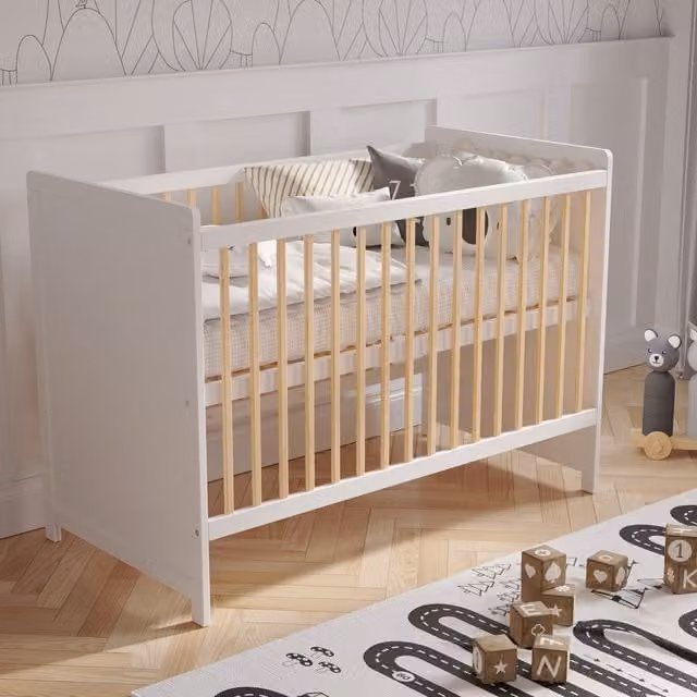 Love For Sleep Tokyo Cot Bed in White and Pine with Drop Side and Solid Wood Construction, 120 x 60 cm