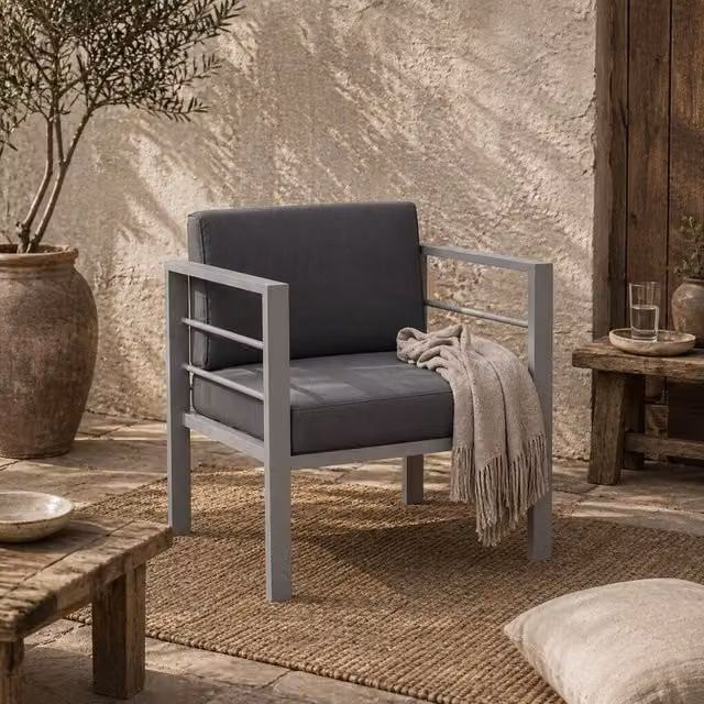 Wyld Haus Movitte Single Outdoor Garden Sofa in Charcoal Grey with UV-Resistant Polyester Cushions and Powder-Coated Aluminium Frame